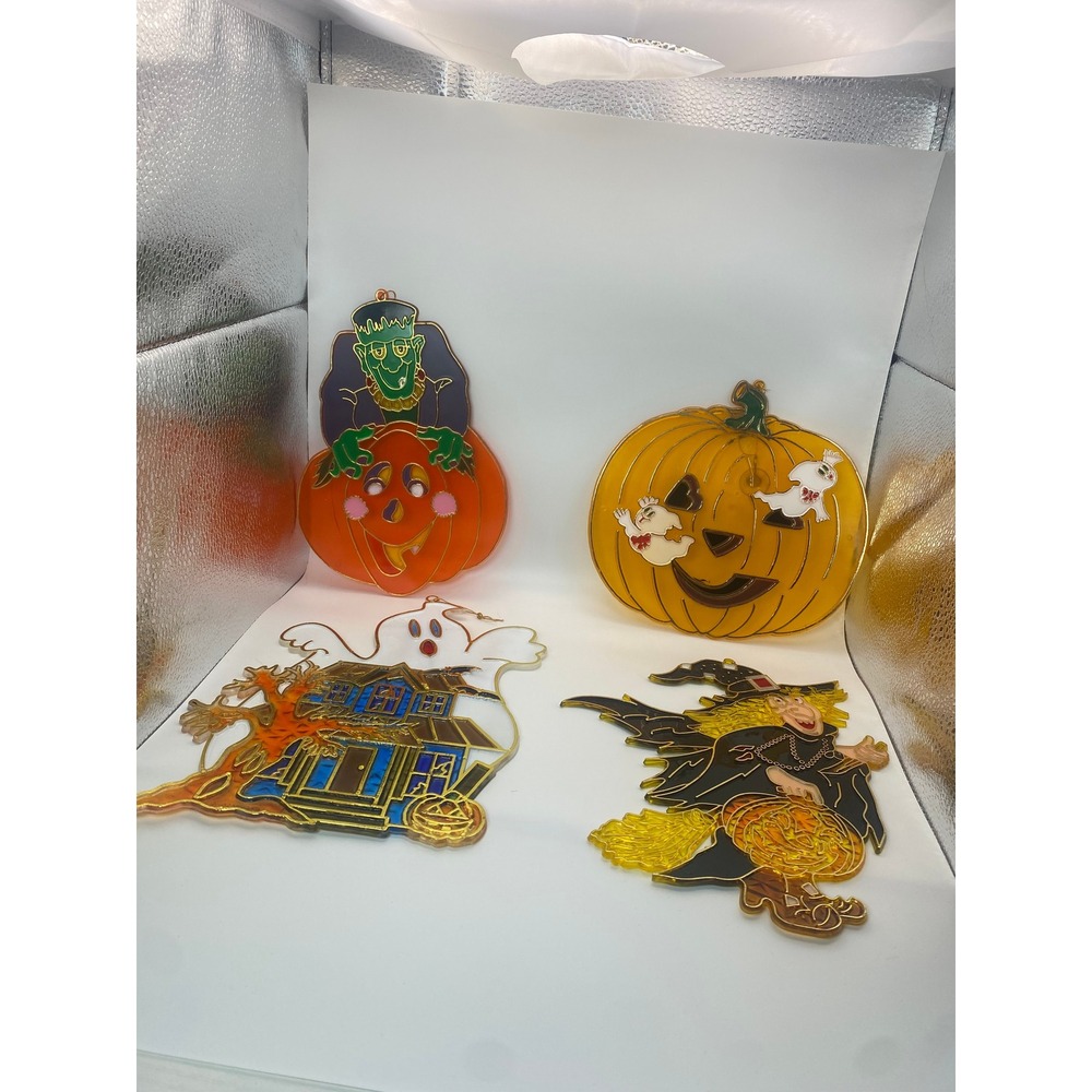 Vintage Halloween Suncatchers Set Witch Ghost Haunted House Pumpkin Decor 4pc